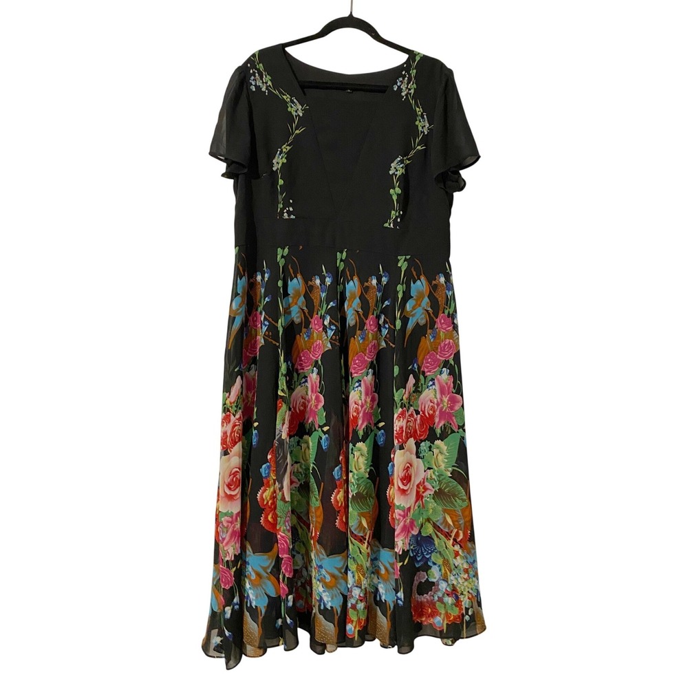 Floral Chiffon Midi Dress Short Sleeve XL Black Romantic Formal Garden Party Fem